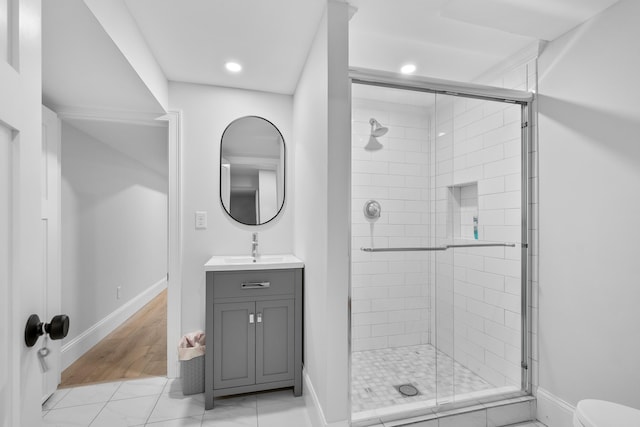 290 Riverview Ln, Centerville, MA 02632 - full bathroom featuring a shower stall, vanity, and recessed lighting
