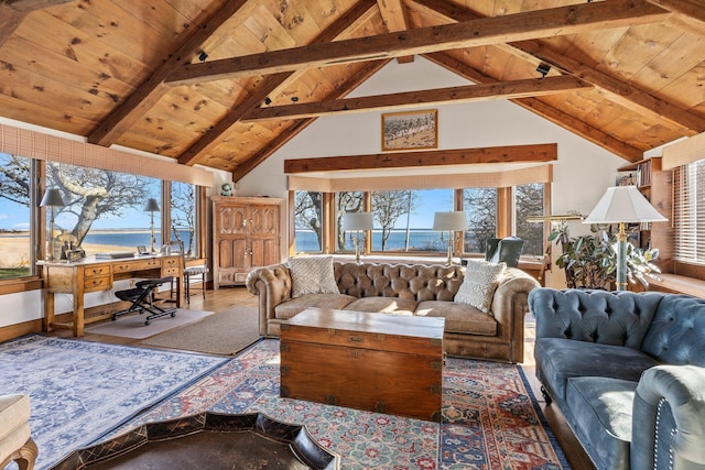 living area featuring wooden ceiling, healthy amount of natural light, a desk, beam ceiling, and high vaulted ceiling