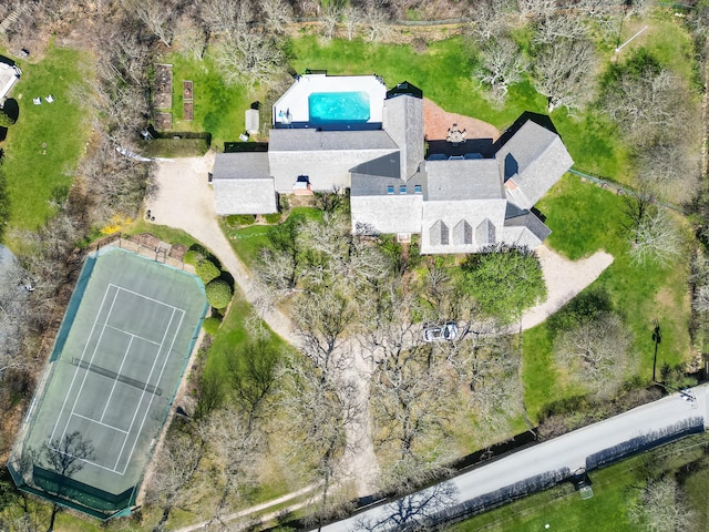 view from above of property featuring a pool