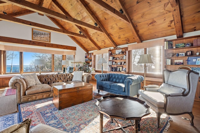 living area featuring hardwood / wood-style floors and wood ceiling