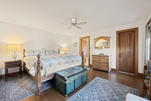 bedroom with wood-type flooring, baseboards, and ceiling fan