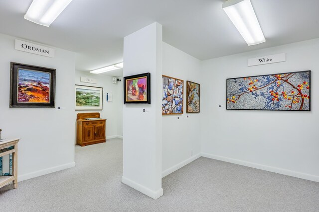 hallway featuring light carpet