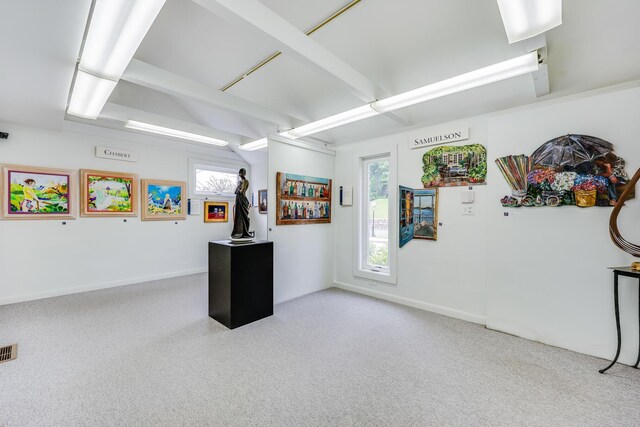 basement featuring light colored carpet