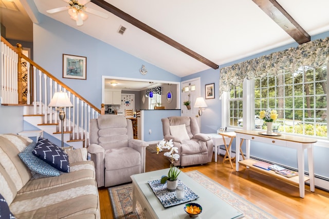 480 Forest Rd, South Yarmouth, MA 02664 - living room with wood finished floors, a baseboard radiator, stairs, and a ceiling fan