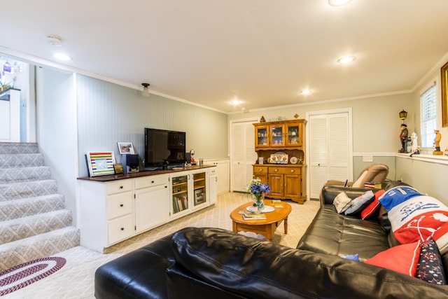 480 Forest Rd, South Yarmouth, MA 02664 - living area with crown molding, stairway, and recessed lighting