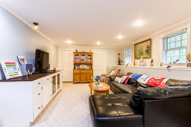 480 Forest Rd, South Yarmouth, MA 02664 - living room with ornamental molding, healthy amount of natural light, light colored carpet, and recessed lighting