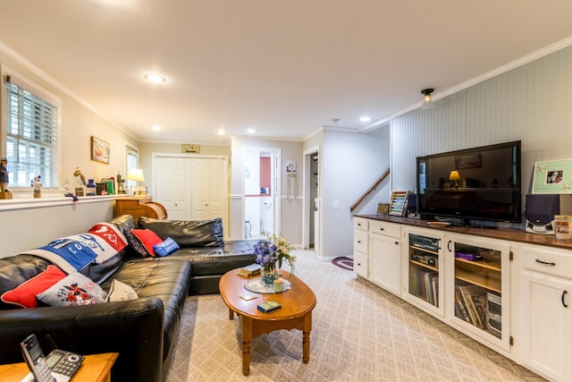 480 Forest Rd, South Yarmouth, MA 02664 - living area with crown molding, recessed lighting, and light carpet
