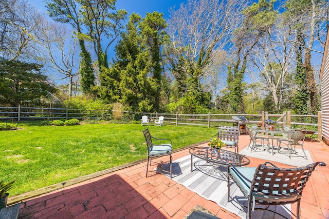 view of patio with a fenced backyard and outdoor dining space