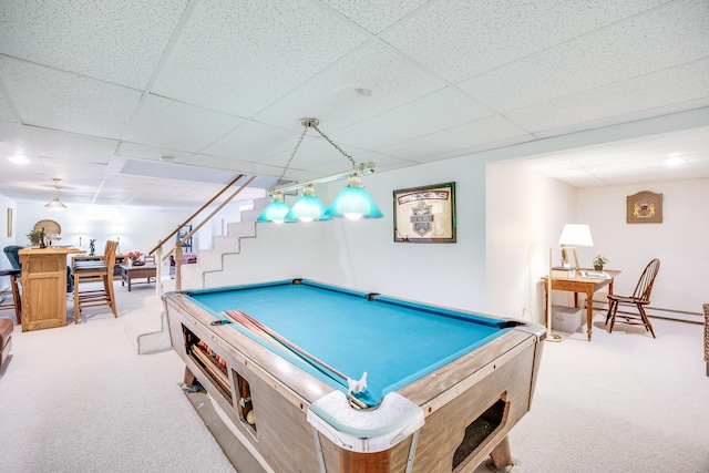 playroom with billiards, carpet, and a drop ceiling