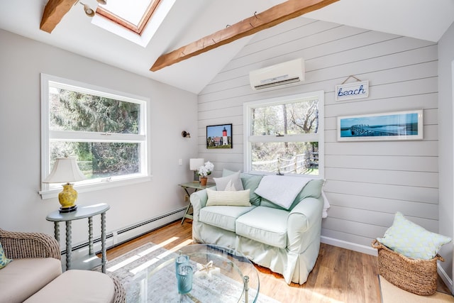 living room featuring wooden walls, an AC wall unit, a baseboard heating unit, and wood finished floors