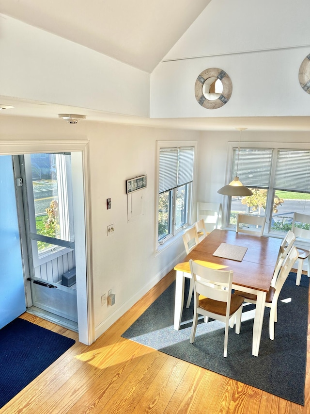 dining room with vaulted ceiling, hardwood / wood-style floors, and plenty of natural light