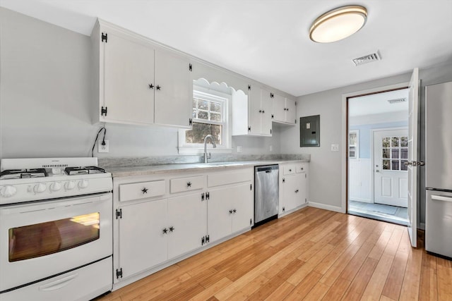 kitchen with appliances with stainless steel finishes, white cabinetry, sink, electric panel, and light hardwood / wood-style floors