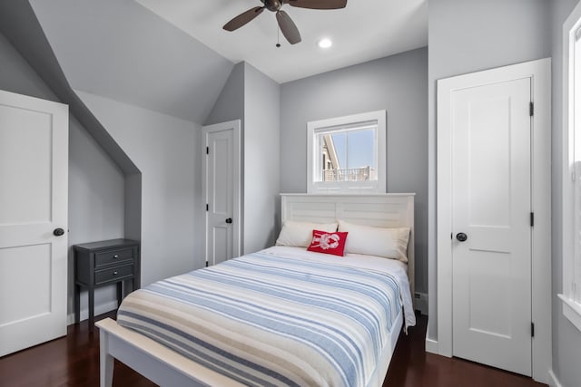 4 Race Rd Unit U2, Provincetown, MA 02657 - bedroom with dark wood-type flooring, vaulted ceiling, a ceiling fan, and recessed lighting