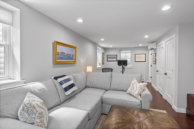 4 Race Rd Unit U2, Provincetown, MA 02657 - living room featuring an AC wall unit, recessed lighting, and dark wood-style flooring