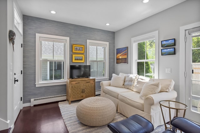 4 Race Rd Unit U2, Provincetown, MA 02657 - living room featuring baseboard heating, an accent wall, wallpapered walls, wood finished floors, and recessed lighting
