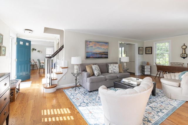 living room with light wood-type flooring and ornamental molding