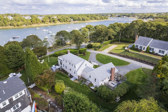 drone / aerial view featuring a water view