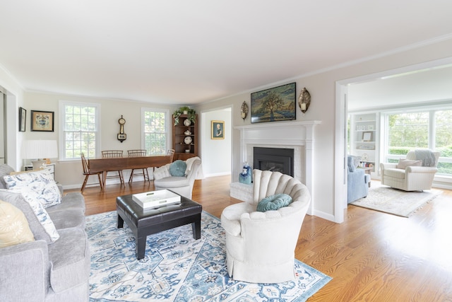 living room featuring built in shelves, crown molding, and light hardwood / wood-style floors