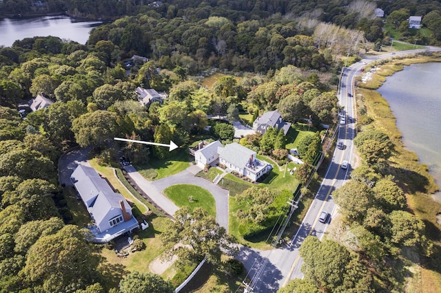 drone / aerial view featuring a water view