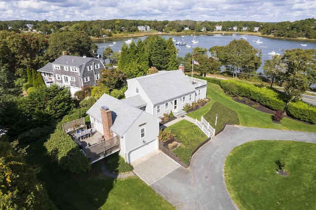 drone / aerial view featuring a water view