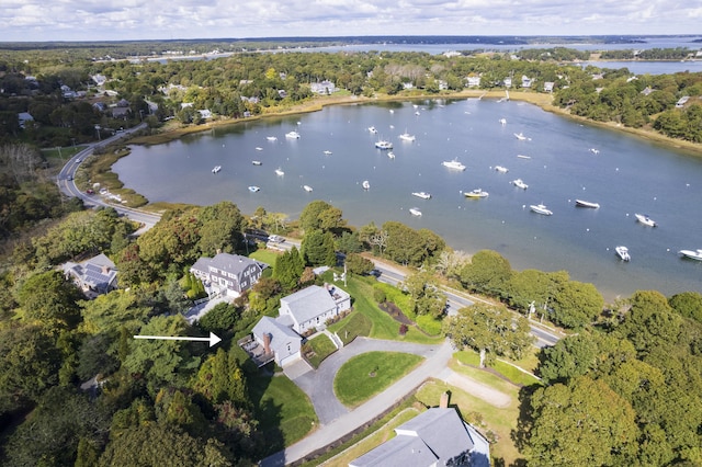 drone / aerial view featuring a water view