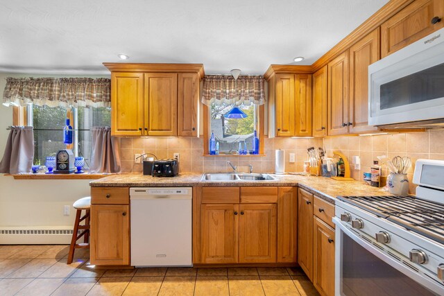 19 Anthony Rd, West Yarmouth, MA 02673 - kitchen with white appliances, a sink, backsplash, light countertops, and recessed lighting