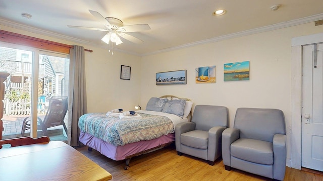 bedroom featuring ceiling fan, crown molding, access to exterior, and light wood-style floors