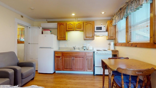 kitchen with light countertops, ventilation hood, white appliances, and crown molding