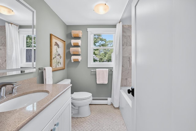 44 Squirrel, Eastham, MA 02642 - bathroom with healthy amount of natural light, vanity, a baseboard radiator, and shower / bath combo with shower curtain
