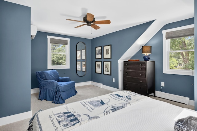 44 Squirrel, Eastham, MA 02642 - bedroom featuring baseboard heating, carpet floors, ceiling fan, and a wall mounted AC