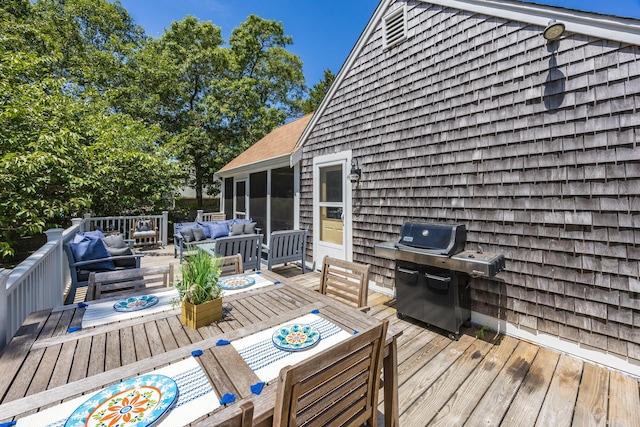 44 Squirrel, Eastham, MA 02642 - deck featuring an outdoor living space, a sunroom, and grilling area