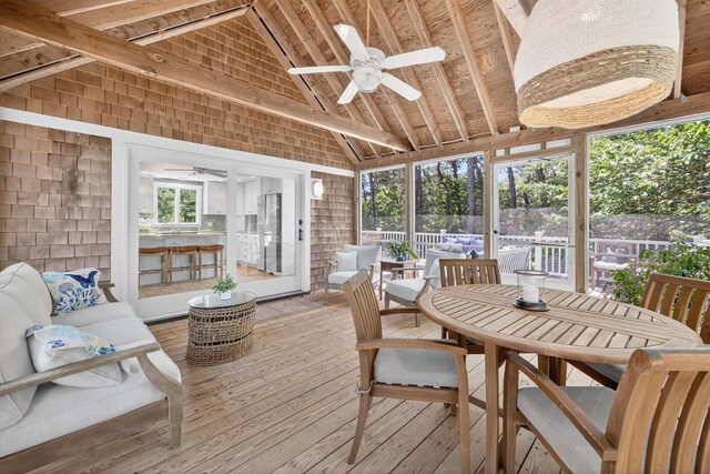 44 Squirrel, Eastham, MA 02642 - sunroom with ceiling fan, vaulted ceiling, and outdoor dining space