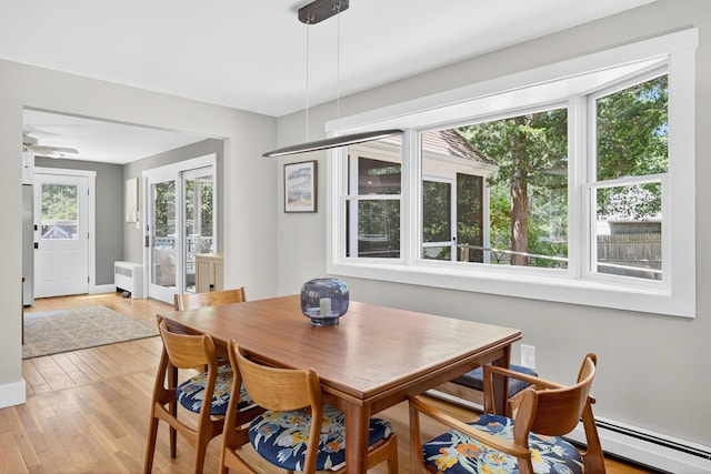 44 Squirrel, Eastham, MA 02642 - dining area with a ceiling fan, light wood-style floors, a baseboard heating unit, and radiator heating unit