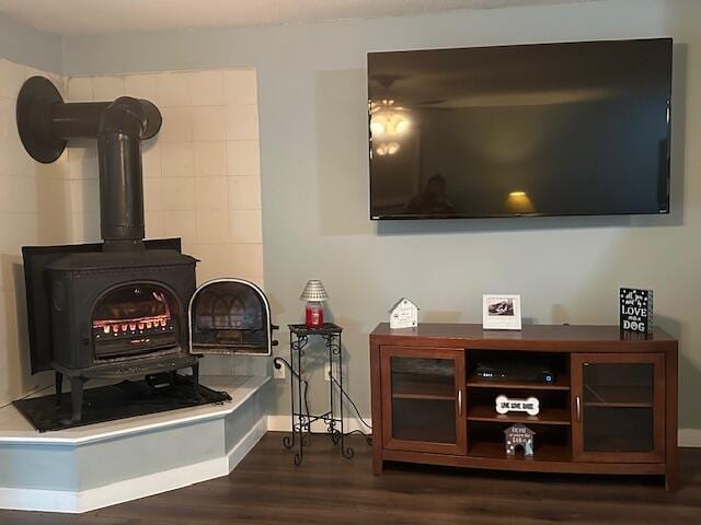 interior details featuring wood finished floors, a wood stove, and baseboards