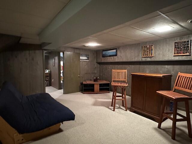 bar with a dry bar and carpet flooring