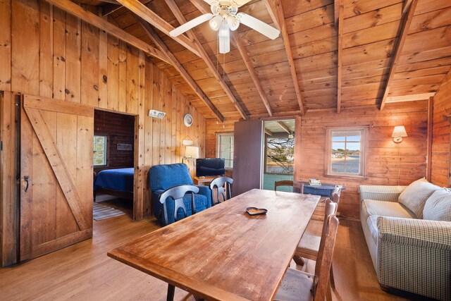 23 Pine Ridge Rd, Buzzards Bay, MA 02532 - dining space featuring a ceiling fan, wood ceiling, wood walls, wood finished floors, and vaulted ceiling with beams