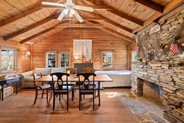 23 Pine Ridge Rd, Buzzards Bay, MA 02532 - dining area featuring wood ceiling, a healthy amount of sunlight, wood-type flooring, and vaulted ceiling with beams