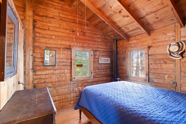 23 Pine Ridge Rd, Buzzards Bay, MA 02532 - bedroom with wooden ceiling, wood walls, lofted ceiling with beams, and wood finished floors