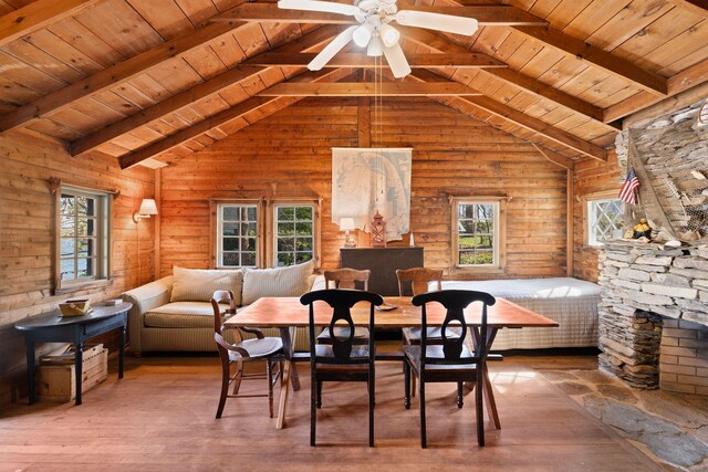 23 Pine Ridge Rd, Buzzards Bay, MA 02532 - dining area with vaulted ceiling with beams, wood ceiling, and hardwood / wood-style flooring