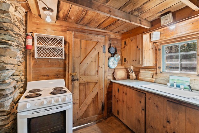 23 Pine Ridge Rd, Buzzards Bay, MA 02532 - kitchen with wooden ceiling, wooden walls, white electric range oven, and wood finished floors