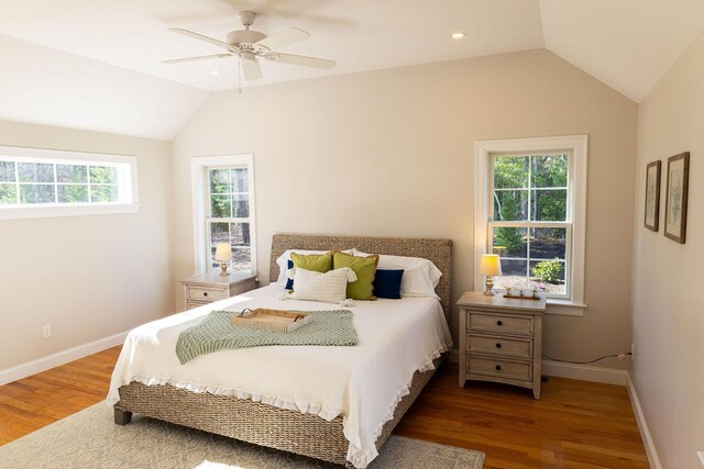 55 Blue Castle Dr, Mashpee, MA 02649 - bedroom featuring vaulted ceiling, wood finished floors, baseboards, ceiling fan, and recessed lighting
