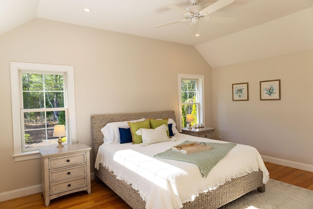 55 Blue Castle Dr, Mashpee, MA 02649 - bedroom with lofted ceiling, light wood-type flooring, baseboards, ceiling fan, and recessed lighting