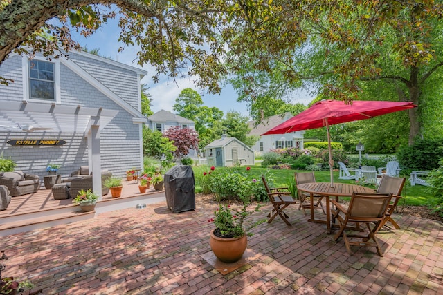 5 Putnam Ave, Cotuit, MA 02635 - view of patio / terrace featuring a pergola, outdoor dining space, an outdoor hangout area, and area for grilling