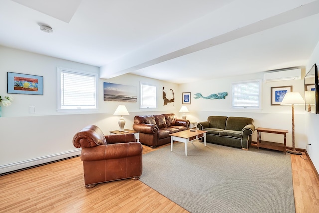 46 Juniper Ln W, South Chatham, MA 02659 - living area featuring light wood-style floors, beamed ceiling, baseboard heating, and a wall mounted air conditioner