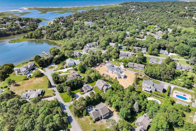 46 Juniper Ln W, South Chatham, MA 02659 - aerial view featuring a water view, a view of trees, and a residential view