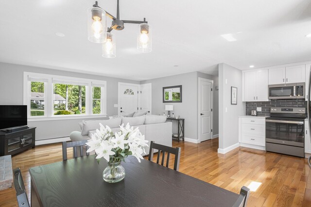 29 Braeburn Ct, Hatchville, MA 02536 - dining area featuring a baseboard radiator, light wood-type flooring, baseboards, and recessed lighting
