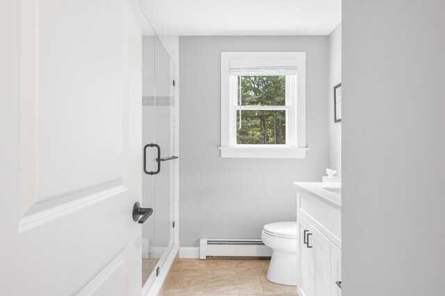 29 Braeburn Ct, Hatchville, MA 02536 - full bathroom featuring a baseboard radiator, vanity, a stall shower, toilet, and baseboards