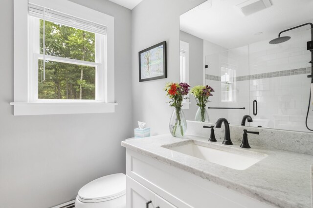 29 Braeburn Ct, Hatchville, MA 02536 - full bathroom featuring a stall shower, vanity, toilet, and a baseboard radiator