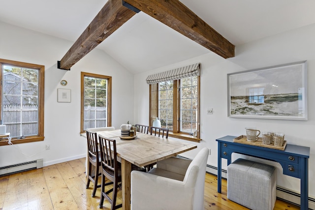 dining room with light wood-style flooring, lofted ceiling with beams, baseboards, and a baseboard radiator