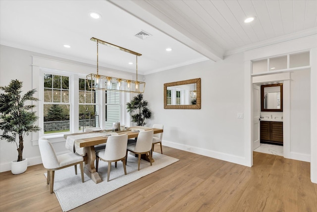 22 Country Club Ln, Mashpee, MA 02649 - dining area featuring recessed lighting, light wood finished floors, visible vents, and crown molding